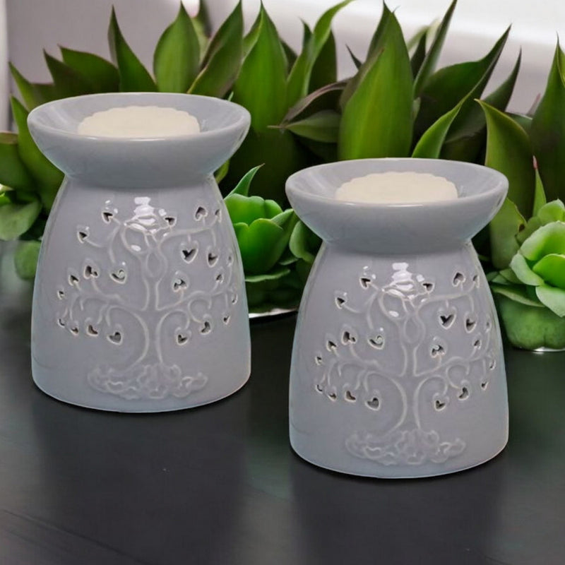 Tea Light Wax Melt Warmer Oil Burner - Tree Of Life - Grey - 2 PACK