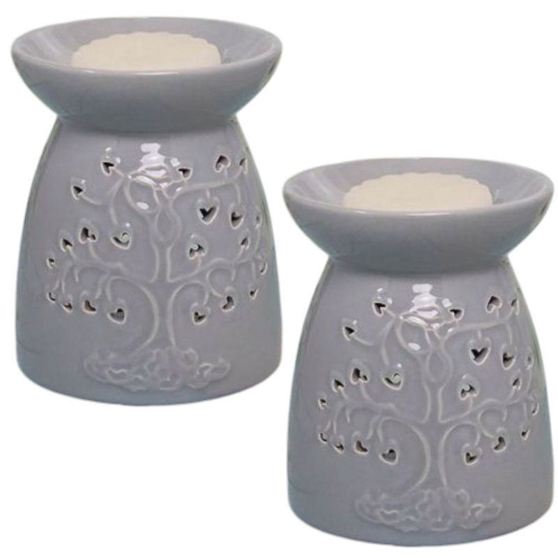 Tea Light Wax Melt Warmer Oil Burner - Tree Of Life - Grey - 2 PACK