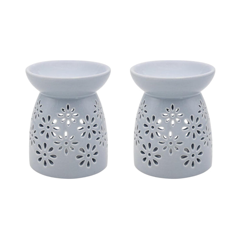 Grey Flowers Tea Light Wax Melt Warmer Oil Burner - Set Of 2