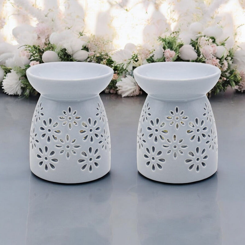 Grey Flowers Tea Light Wax Melt Warmer Oil Burner - Set Of 2