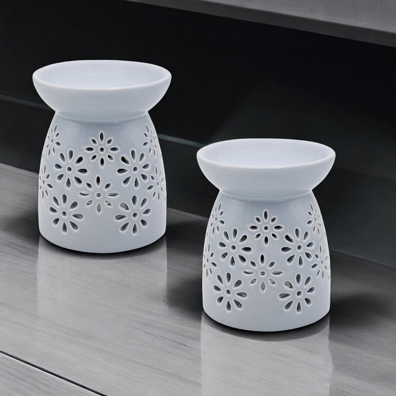 Grey Flowers Tea Light Wax Melt Warmer Oil Burner - Set Of 2