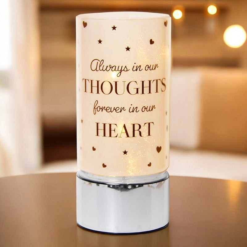 LED Table Lamp Battery Powered Cordless Sparkling Glass Light | Always in our Thoughts, Forever in our Heart