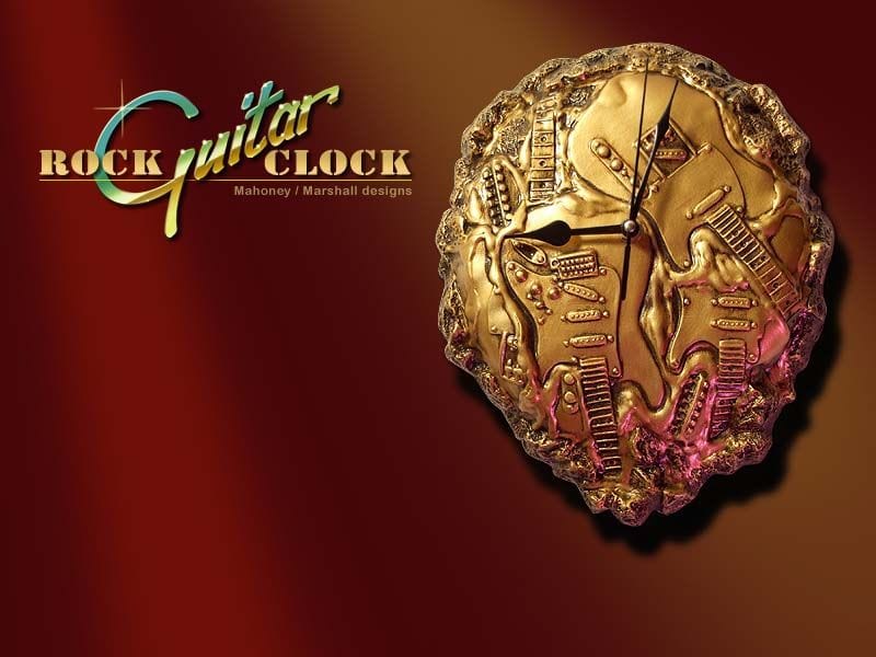 Mahoney Marshall Designs Ltd. Guitar Themed Clock 10" Wall Mounted Guitar Clock 3D Gold Effect with Quartz Movement