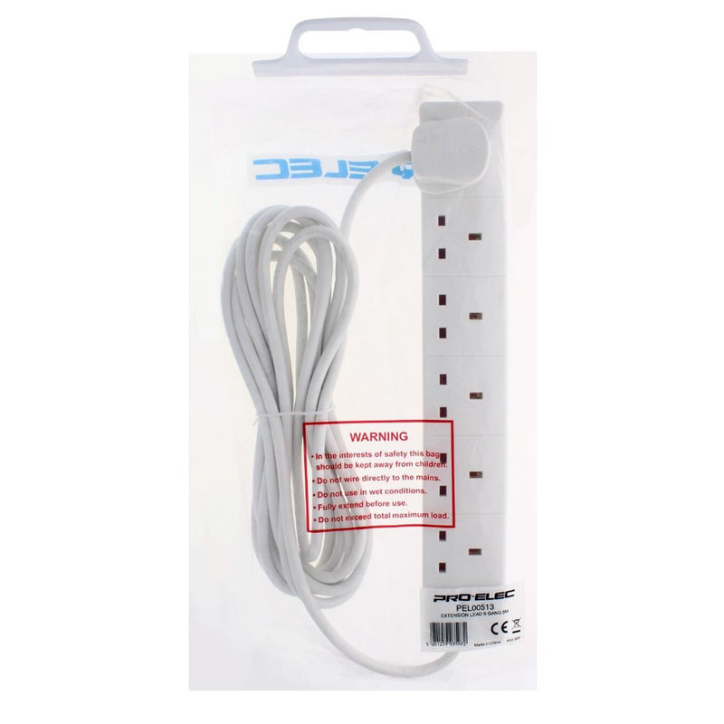 Pro-Elec White 5m Extension Lead Mains Power Cable 6 Gang UK Plug Sockets