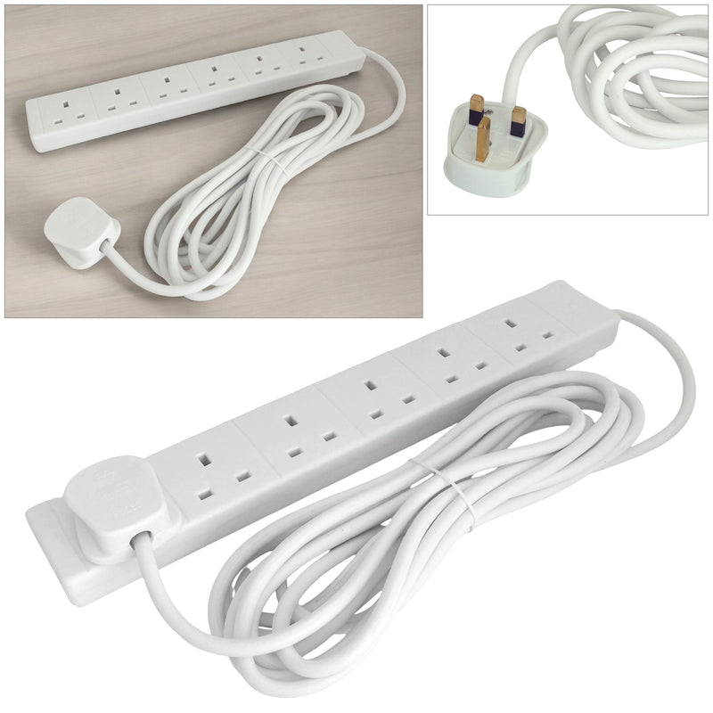 Pro-Elec White 5m Extension Lead Mains Power Cable 6 Gang UK Plug Sockets