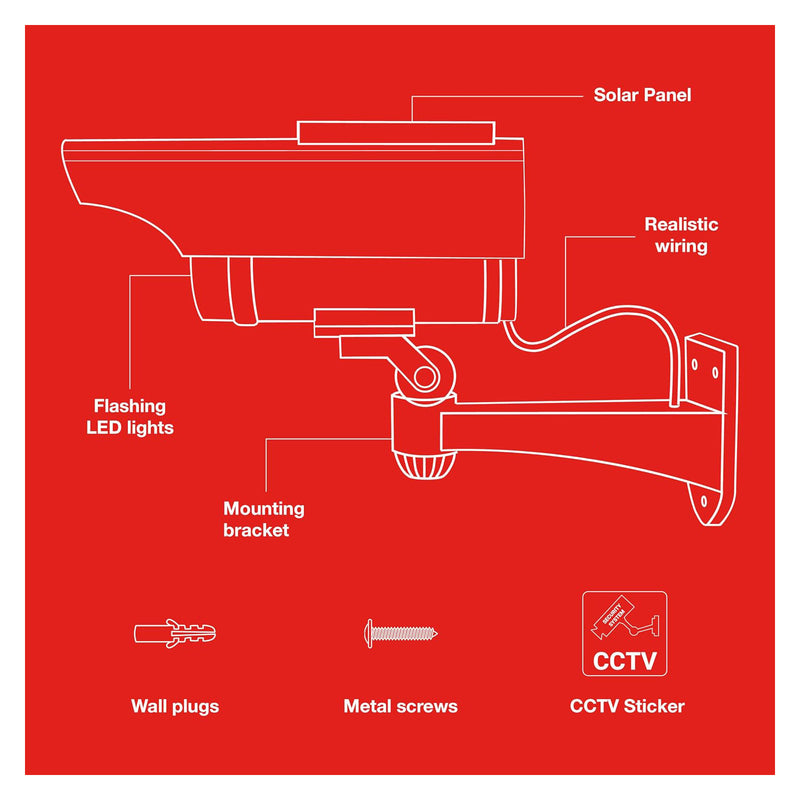 Pack of 2 Dummy CCTV Security Cameras with Solar Powered Flashing LED Lights
