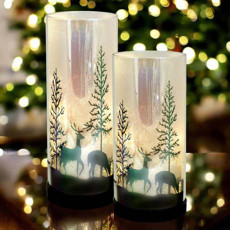 Set of 2 Luxa Sparklers Deer Park LED Christmas Table Lamps | Winter Forest Scene | USB or Battery Operated