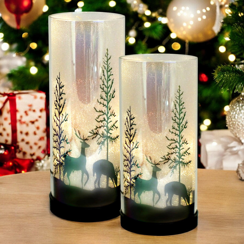 Set of 2 Luxa Sparklers Deer Park LED Christmas Table Lamps | Winter Forest Scene | USB or Battery Operated