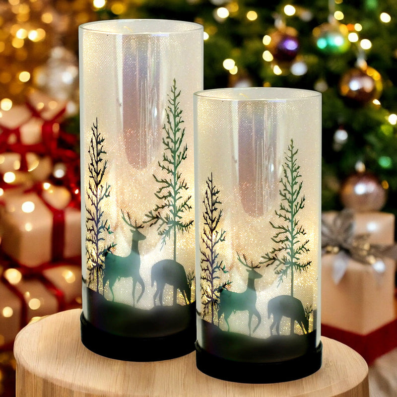 Set of 2 Luxa Sparklers Deer Park LED Christmas Table Lamps | Winter Forest Scene | USB or Battery Operated