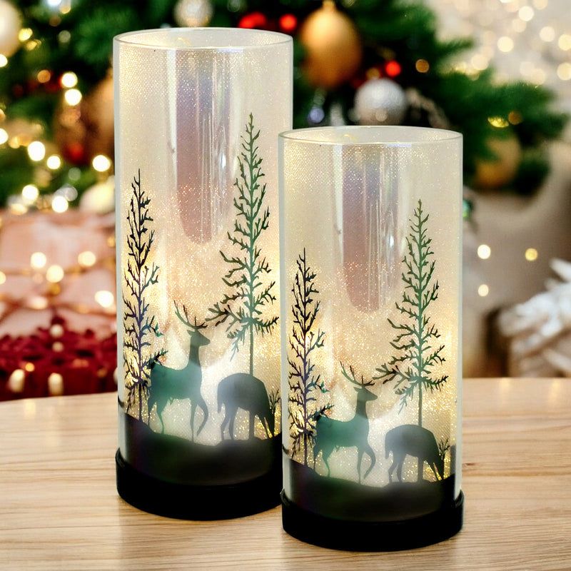 Set of 2 Luxa Sparklers Deer Park LED Christmas Table Lamps | Winter Forest Scene | USB or Battery Operated