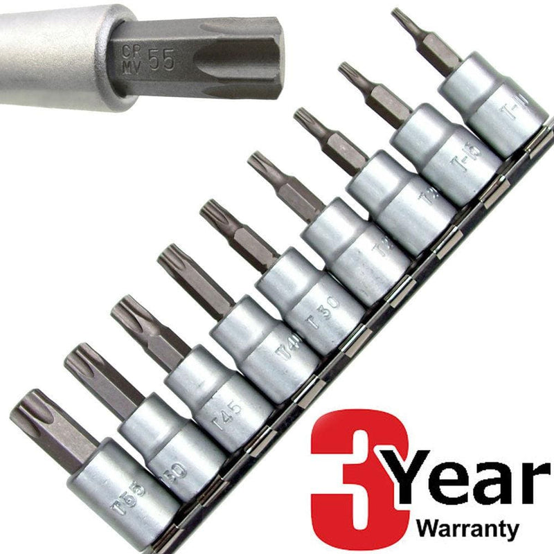 tooltime 10Pc 3/8" Dr Crv Male Torx Sockets Bits + Rail T10 - T55 Star Chrome Vanadium