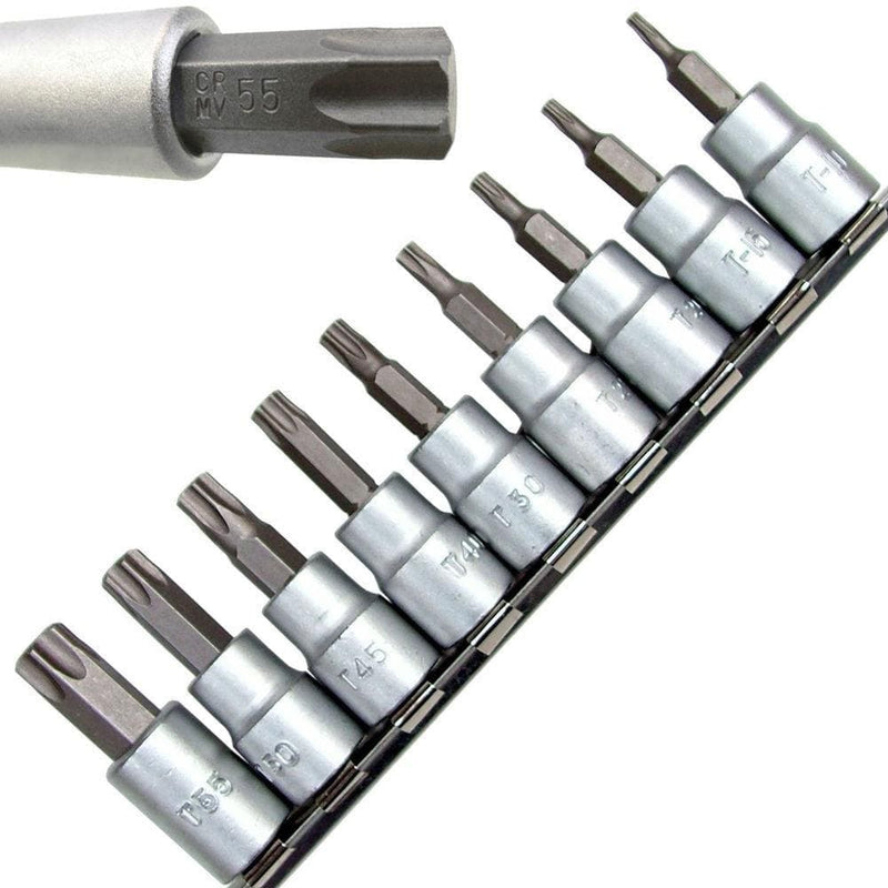 tooltime 10Pc 3/8" Dr Crv Male Torx Sockets Bits + Rail T10 - T55 Star Chrome Vanadium