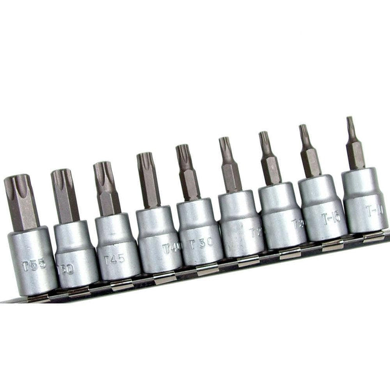 tooltime 10Pc 3/8" Dr Crv Male Torx Sockets Bits + Rail T10 - T55 Star Chrome Vanadium