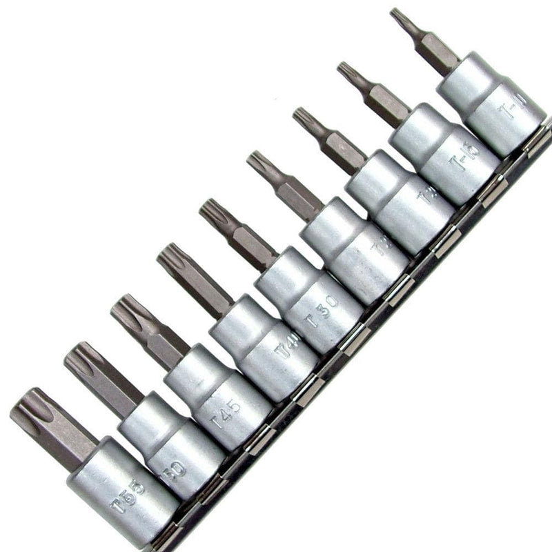 tooltime 10Pc 3/8" Dr Crv Male Torx Sockets Bits + Rail T10 - T55 Star Chrome Vanadium