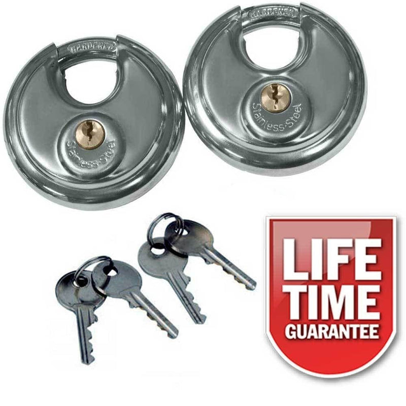 tooltime 2 X 70Mm Keyed Alike Disc Stainless Steel Padlocks + 4 Keys - Hardened Shackle