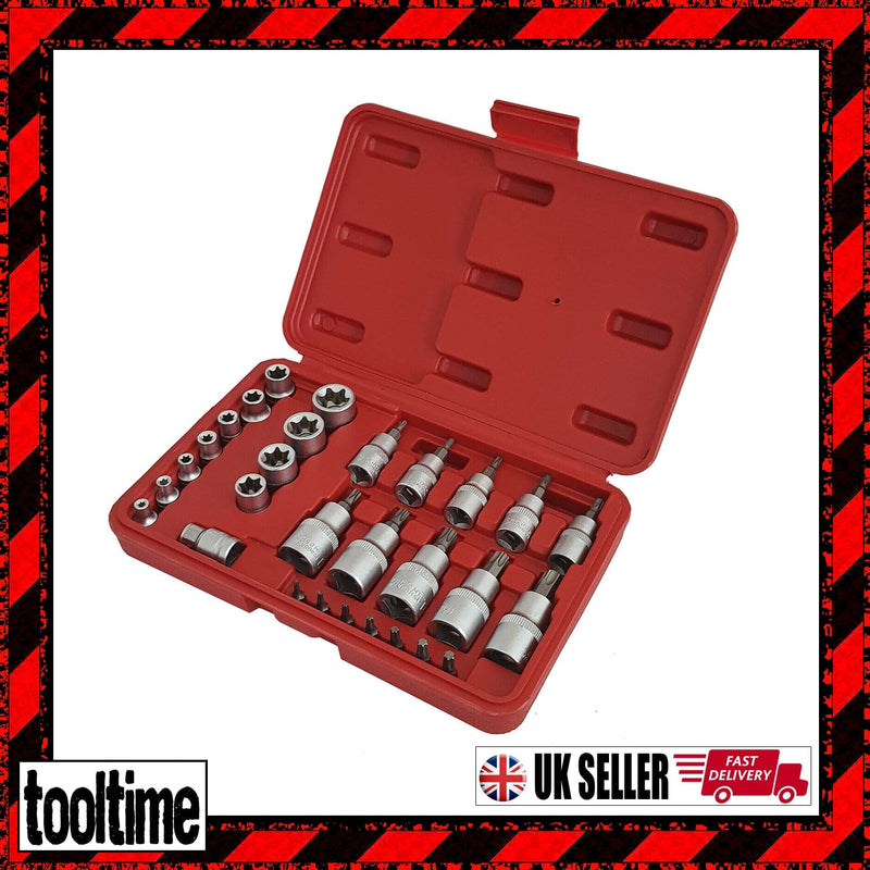 tooltime 29Pc Torx Star Sockets & Bit Set Female E-Torx Crv Bits 1/4" 3/8" & 1/2"