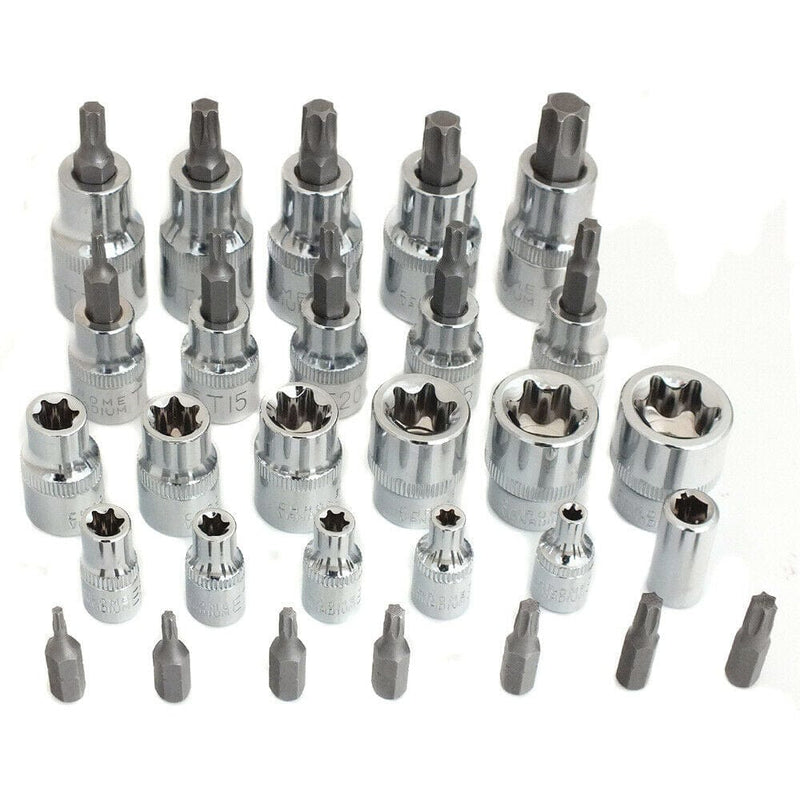 tooltime 29Pc Torx Star Sockets & Bit Set Female E-Torx Crv Bits 1/4" 3/8" & 1/2"