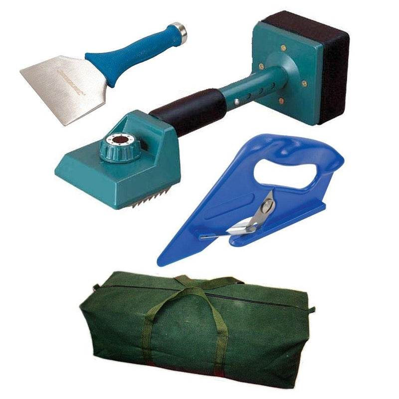 tooltime 4 PC CARPET FITTING TOOL KIT - GREEN KNEE KICKER 100MM BOLSTER CUTTER CANVAS BAG