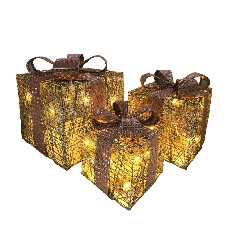 tooltime Christmas LED Boxes Set Of 3 Light Up LED Christmas Parcels Gold & Pink Festive Xmas Decoration