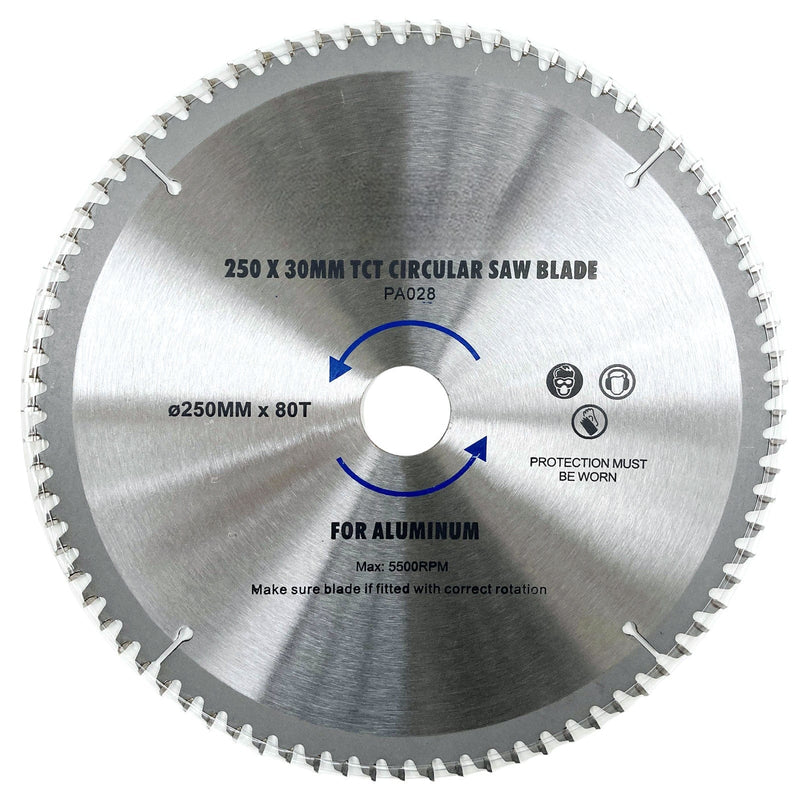 tooltime.co.uk Circular Saw Blade 250mm TCT Circular Saw Blade for Cutting Aluminium | 80T Fine Cut | 30mm Bore with 3 Reduction Rings