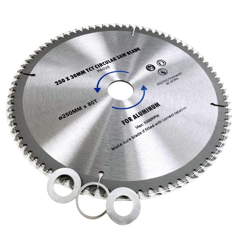 tooltime.co.uk Circular Saw Blade 250mm TCT Circular Saw Blade for Cutting Aluminium | 80T Fine Cut | 30mm Bore with 3 Reduction Rings