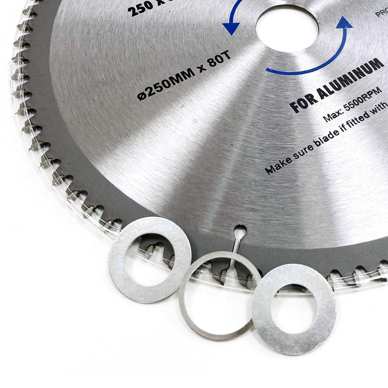 tooltime.co.uk Circular Saw Blade 250mm TCT Circular Saw Blade for Cutting Aluminium | 80T Fine Cut | 30mm Bore with 3 Reduction Rings