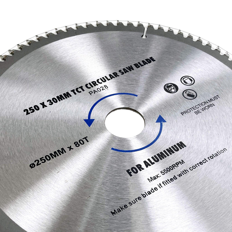 tooltime.co.uk Circular Saw Blade 250mm TCT Circular Saw Blade for Cutting Aluminium | 80T Fine Cut | 30mm Bore with 3 Reduction Rings