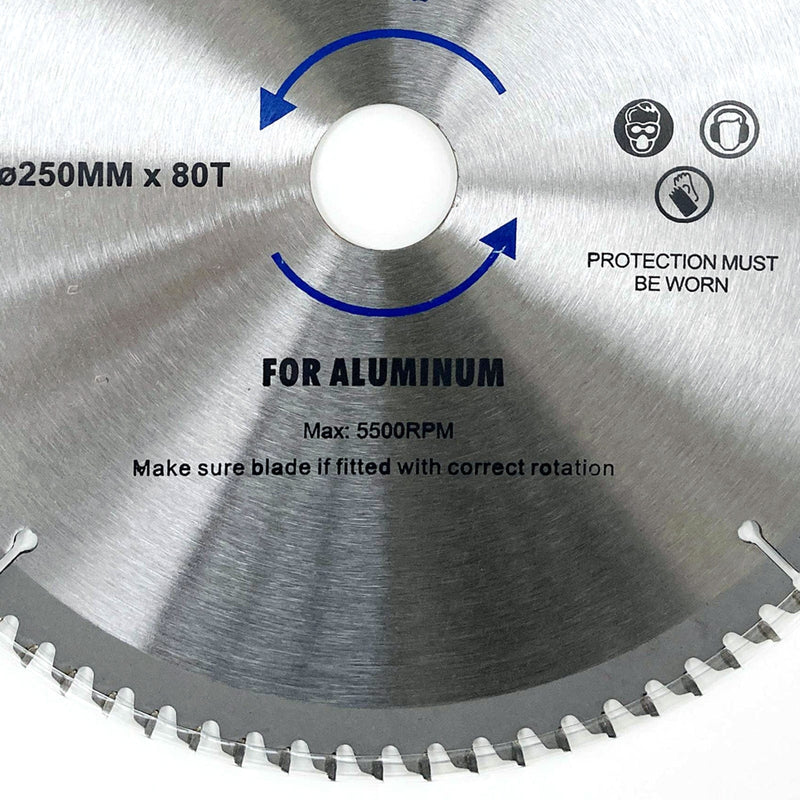 tooltime.co.uk Circular Saw Blade 250mm TCT Circular Saw Blade for Cutting Aluminium | 80T Fine Cut | 30mm Bore with 3 Reduction Rings