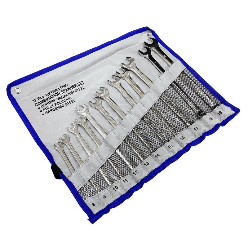 tooltime.co.uk Combination Spanner Set 12 Piece Extra Long Combination Spanner Set | Metric 8-19mm Open and Ring with Tool Roll