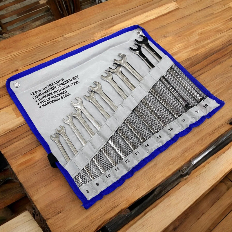 tooltime.co.uk Combination Spanner Set 12 Piece Extra Long Combination Spanner Set | Metric 8-19mm Open and Ring with Tool Roll