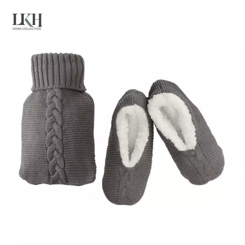 tooltime.co.uk Hot Water Bottle & Slippers 1L Hot Water Bottle & Slippers Gift Set Natural Rubber Grey Warm Knitted Cover