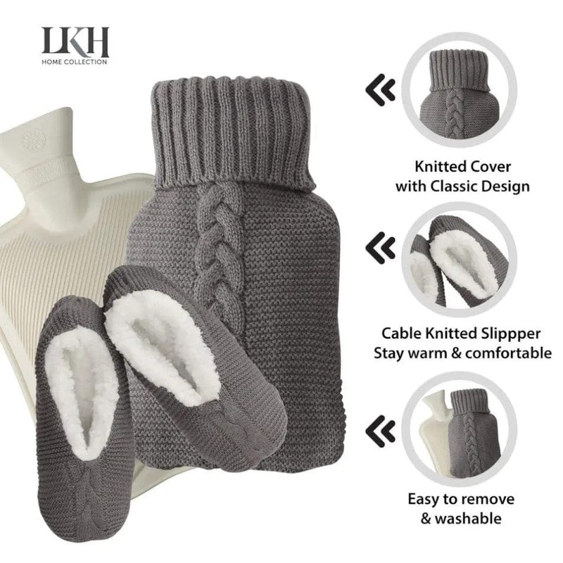 tooltime.co.uk Hot Water Bottle & Slippers 1L Hot Water Bottle & Slippers Gift Set Natural Rubber Grey Warm Knitted Cover