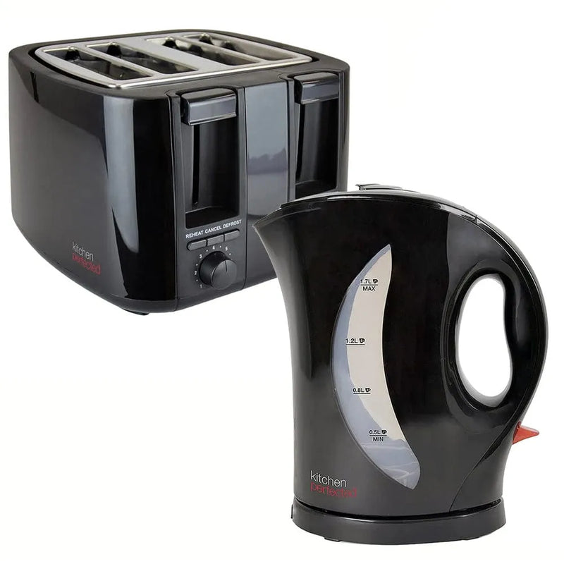 tooltime.co.uk Kettle & Toaster Set Black Cordless Kettle & 4 Slice Toaster Set | 1.7ltr Jug Fast Boil | Wide Slots Browning Control