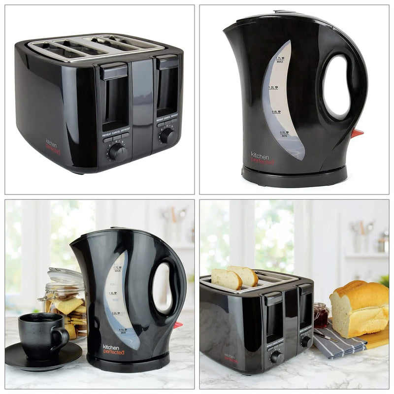 tooltime.co.uk Kettle & Toaster Set Black Cordless Kettle & 4 Slice Toaster Set | 1.7ltr Jug Fast Boil | Wide Slots Browning Control