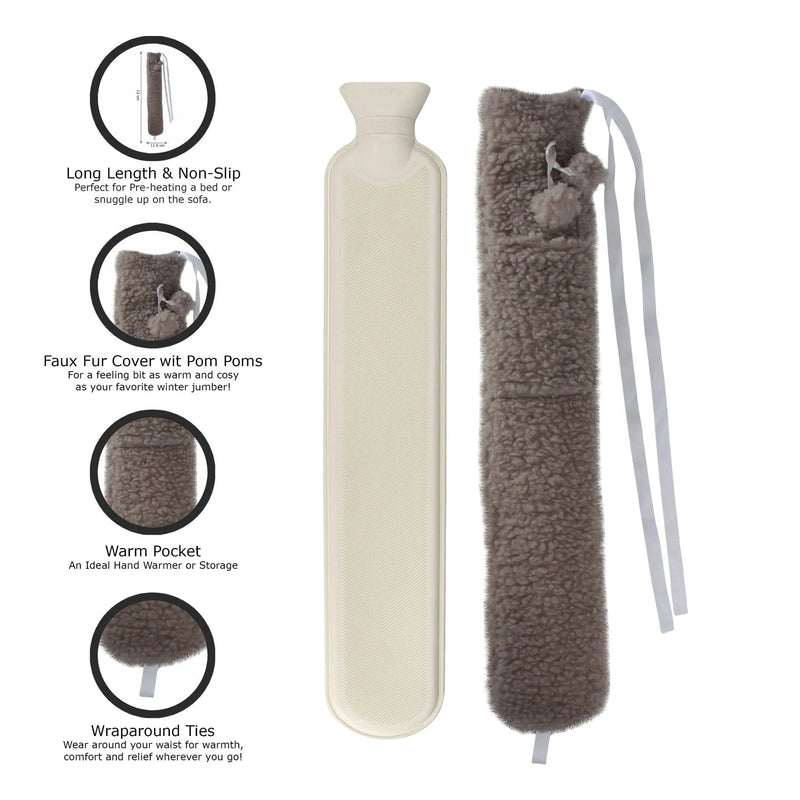 tooltime.co.uk Long Hot Water Bottle with Cover 2L Long Hot Water Bottle With Sherpa Cover & Pompoms