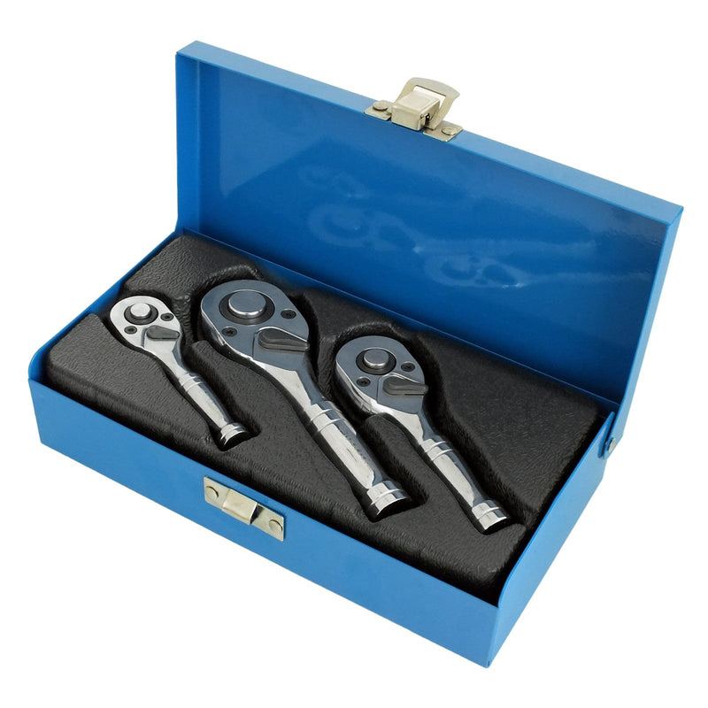 tooltime.co.uk Ratchet Handle Set 3 Piece Stubby Ratchet Handle Set | Reversible Quick Release Socket Wrenches | 1/4in. 3/8in. & 1/2in.