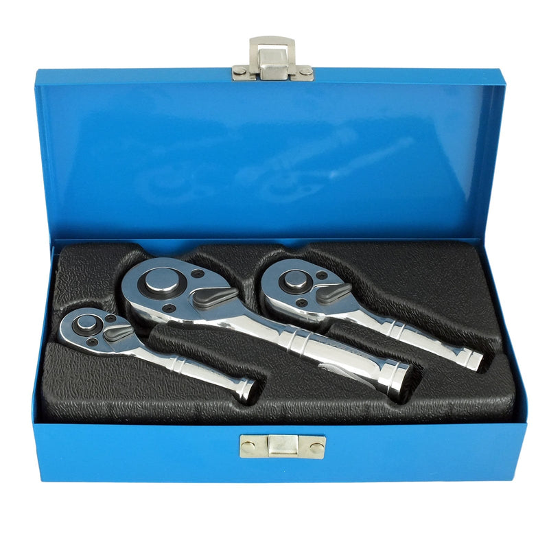 tooltime.co.uk Ratchet Handle Set 3 Piece Stubby Ratchet Handle Set | Reversible Quick Release Socket Wrenches | 1/4in. 3/8in. & 1/2in.