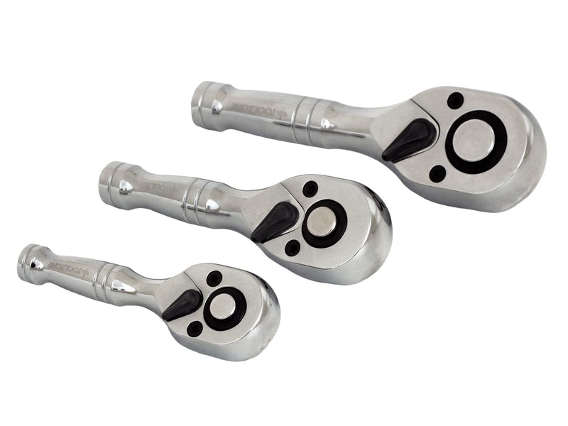 tooltime.co.uk Ratchet Handle Set 3 Piece Stubby Ratchet Handle Set | Reversible Quick Release Socket Wrenches | 1/4in. 3/8in. & 1/2in.