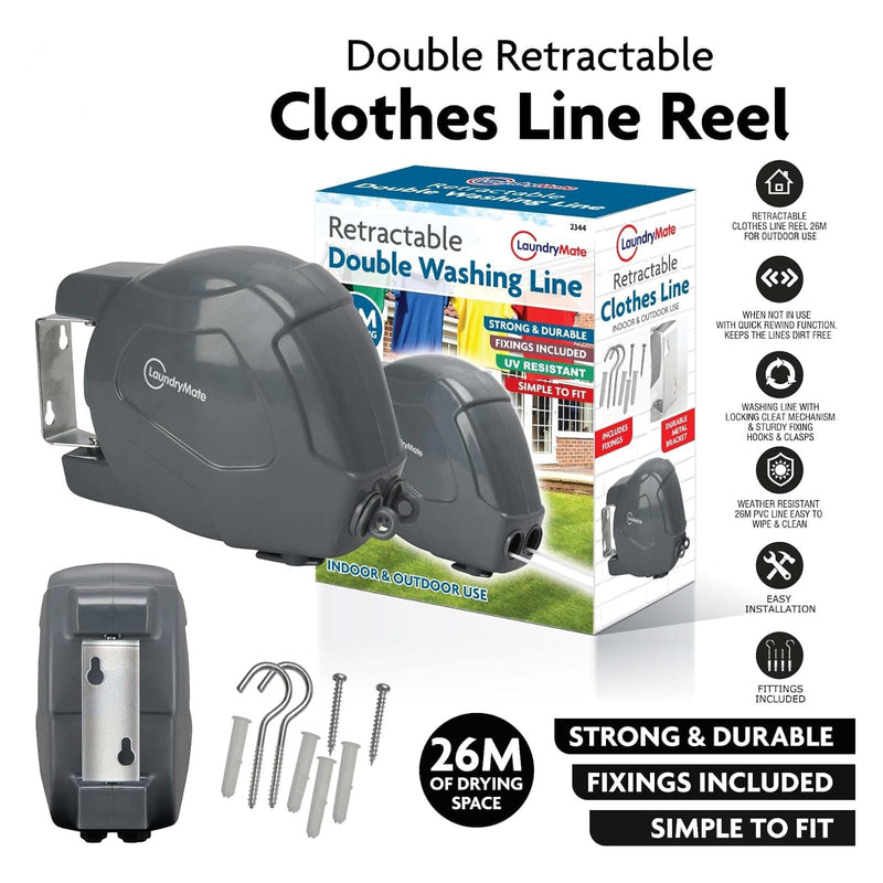 tooltime.co.uk Retractable Clothes Line 26m Retractable Washing Line Wall Mounted Double Clothes Reel for Outdoor or Indoor Use