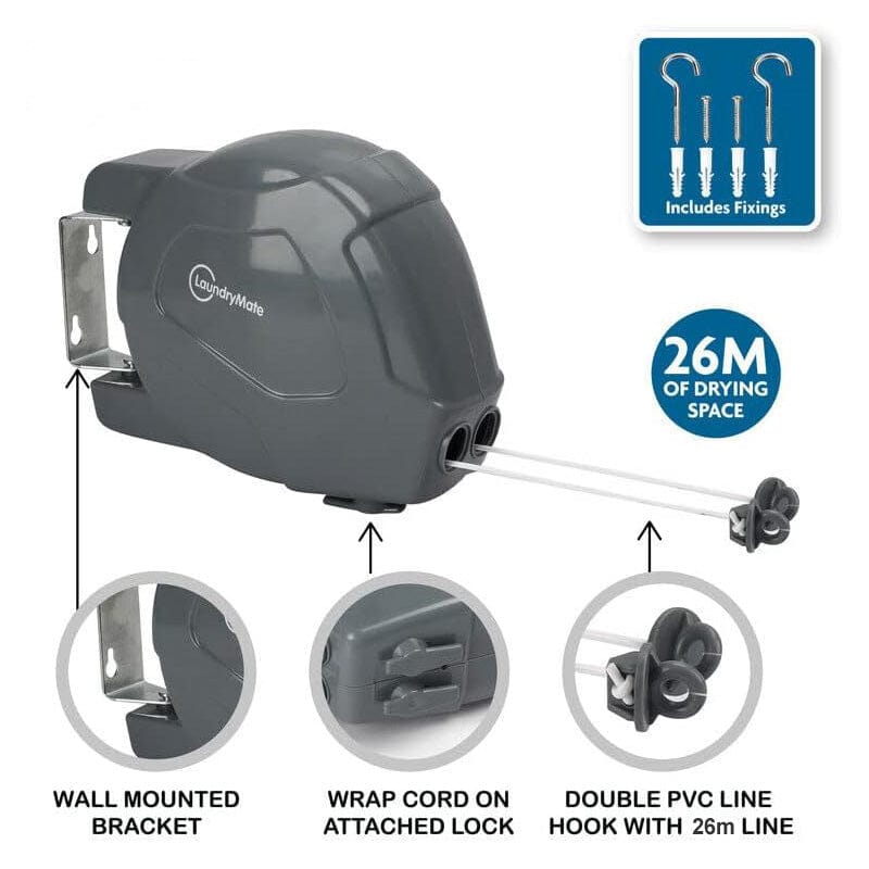 tooltime.co.uk Retractable Clothes Line 26m Retractable Washing Line Wall Mounted Double Clothes Reel for Outdoor or Indoor Use