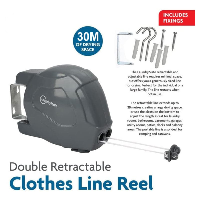 tooltime.co.uk Retractable Clothes Line 30m Retractable Washing Line Wall Mounted Double Clothes Reel for Outdoor or Indoor Use