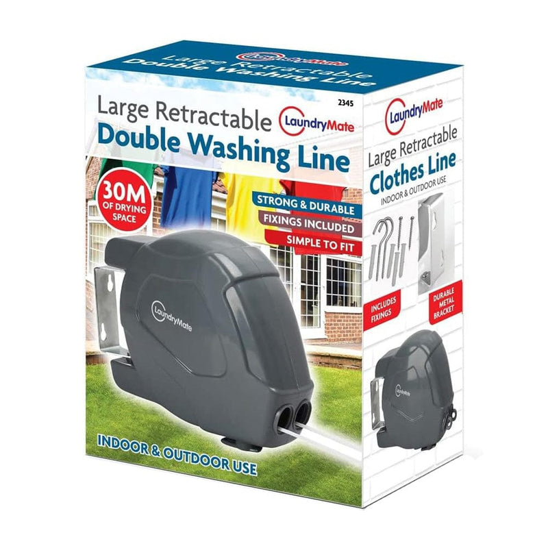 tooltime.co.uk Retractable Clothes Line 30m Retractable Washing Line Wall Mounted Double Clothes Reel for Outdoor or Indoor Use