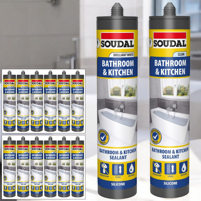 tooltime.co.uk Silicone Sealant 6 x Soudal Kitchen and Bathroom Silicone Sealant | Waterproof Flexible Filler | White or Clear 290ml