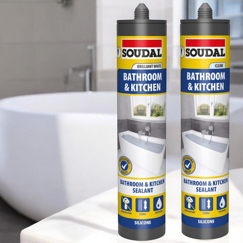 tooltime.co.uk Silicone Sealant 6 x Soudal Kitchen and Bathroom Silicone Sealant | Waterproof Flexible Filler | White or Clear 290ml