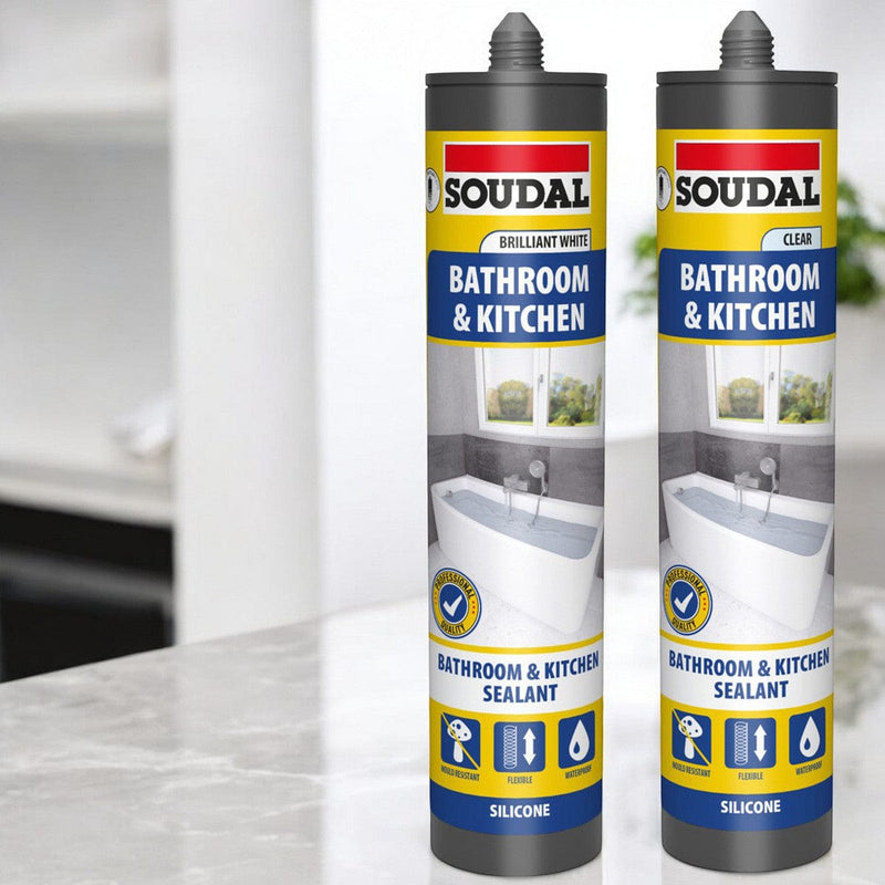 tooltime.co.uk Silicone Sealant 6 x Soudal Kitchen and Bathroom Silicone Sealant | Waterproof Flexible Filler | White or Clear 290ml