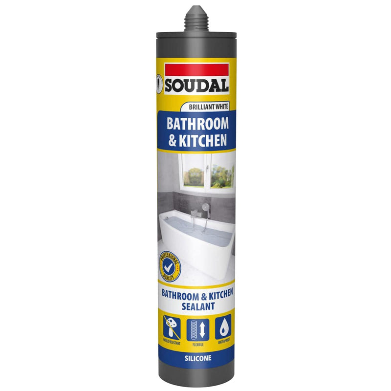 tooltime.co.uk Silicone Sealant 6 x Soudal Kitchen and Bathroom Silicone Sealant | Waterproof Flexible Filler | White or Clear 290ml