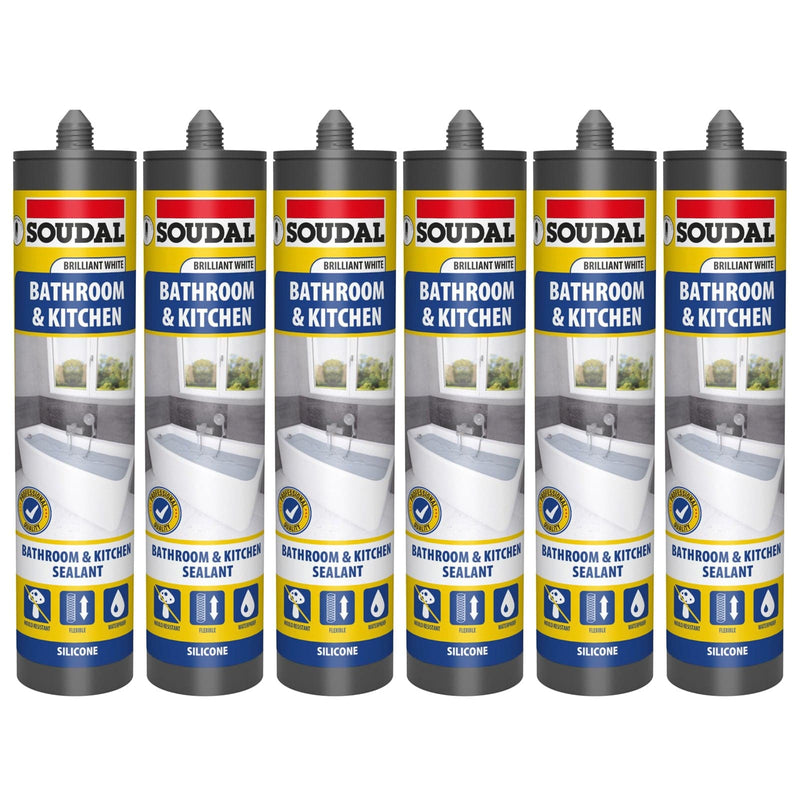 tooltime.co.uk Silicone Sealant 6 x Soudal Kitchen and Bathroom Silicone Sealant | Waterproof Flexible Filler | White or Clear 290ml