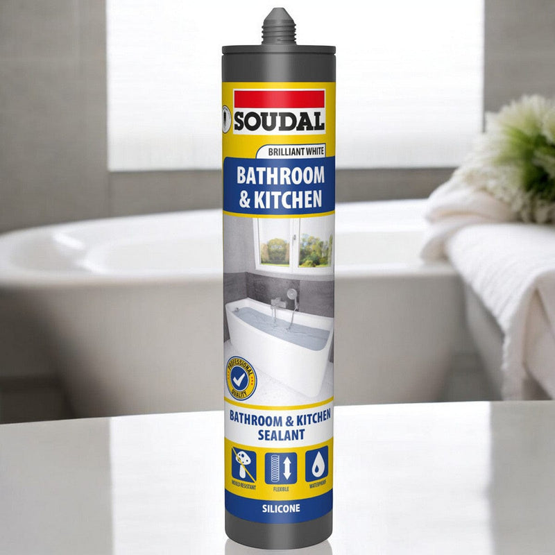 tooltime.co.uk Silicone Sealant 6 x Soudal Kitchen and Bathroom Silicone Sealant | Waterproof Flexible Filler | White or Clear 290ml