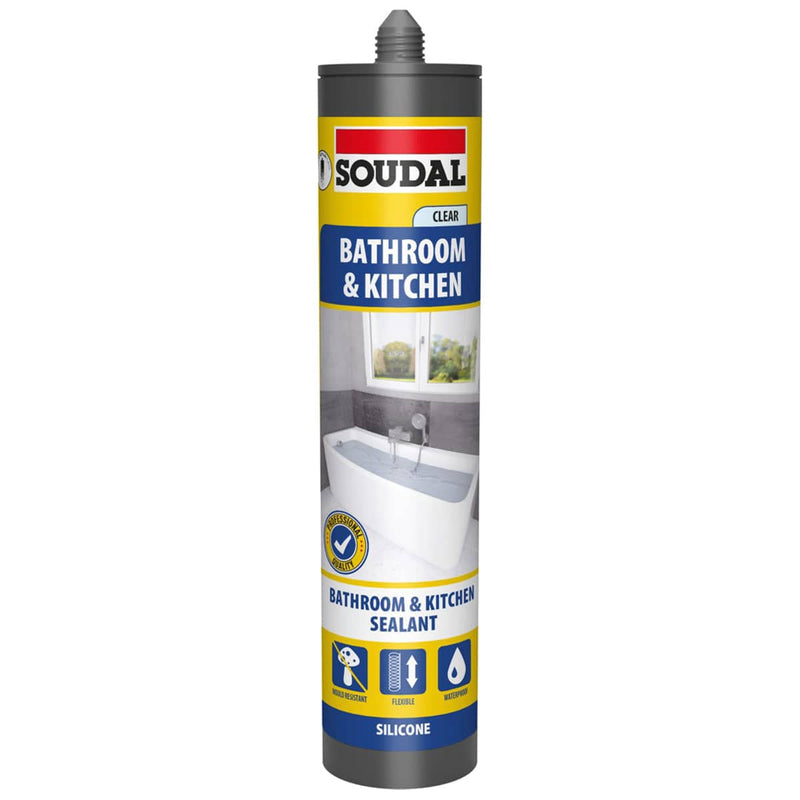 tooltime.co.uk Silicone Sealant 6 x Soudal Kitchen and Bathroom Silicone Sealant | Waterproof Flexible Filler | White or Clear 290ml