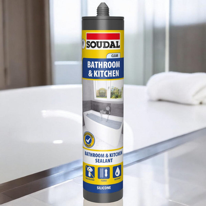 tooltime.co.uk Silicone Sealant 6 x Soudal Kitchen and Bathroom Silicone Sealant | Waterproof Flexible Filler | White or Clear 290ml